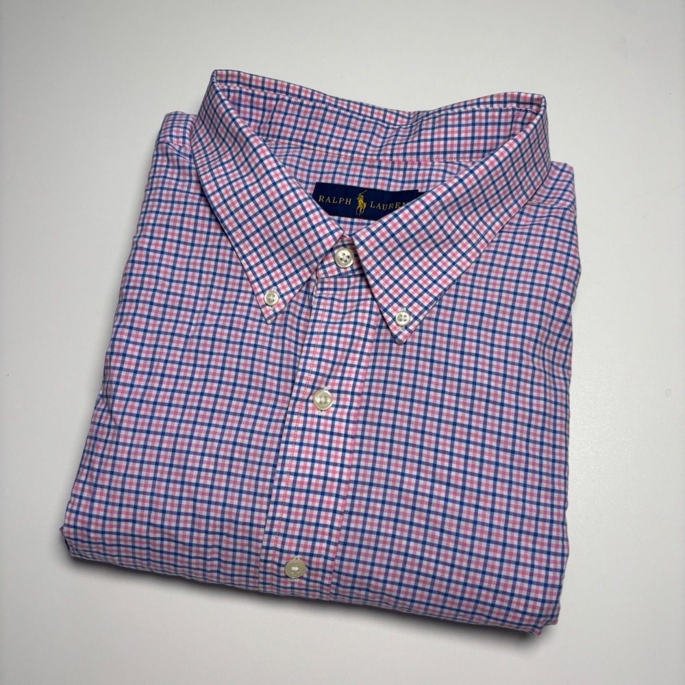 Ralph Lauren Gingham Check Men 3XLT Tall Button Down Short Sleeve Shirt Pink - Picture 2 of 8